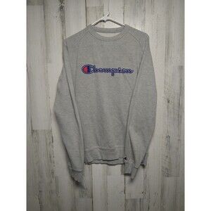 Champion Sweatshirt Men Medium Gray Blue Crew Neck Sweater Spell Out Logo Adult
